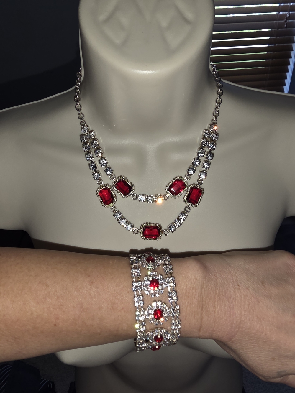 Red Crystal Double-Row Necklace and Bracelet Set